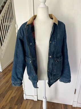 Dark Blue Chore Coat w/ Tan Corduroy Collar, Red & Black Buffalo Plaid Lined, M